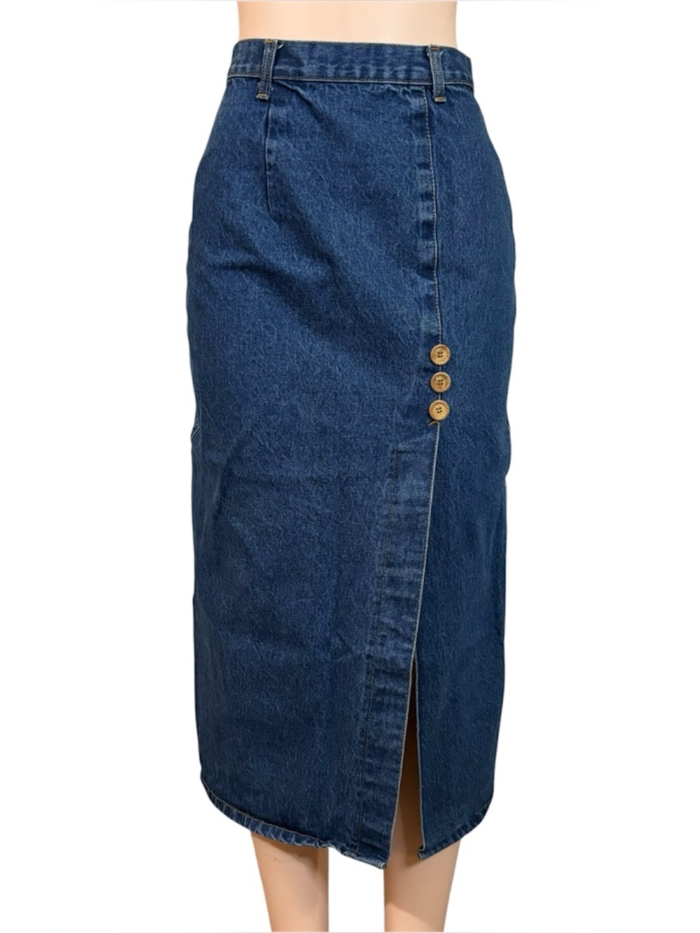 Vtg 90s Denim Maxi Skirt Womens size 26 Medium wash Front Slit Western Cowgirl